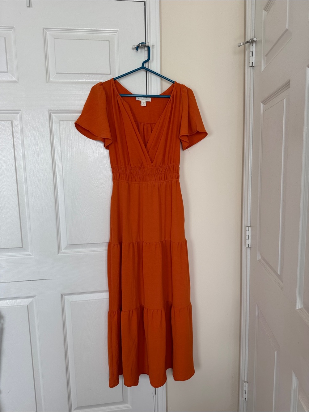 Flutter-Sleeve Orange Maxi Dress with Smocked Waist
